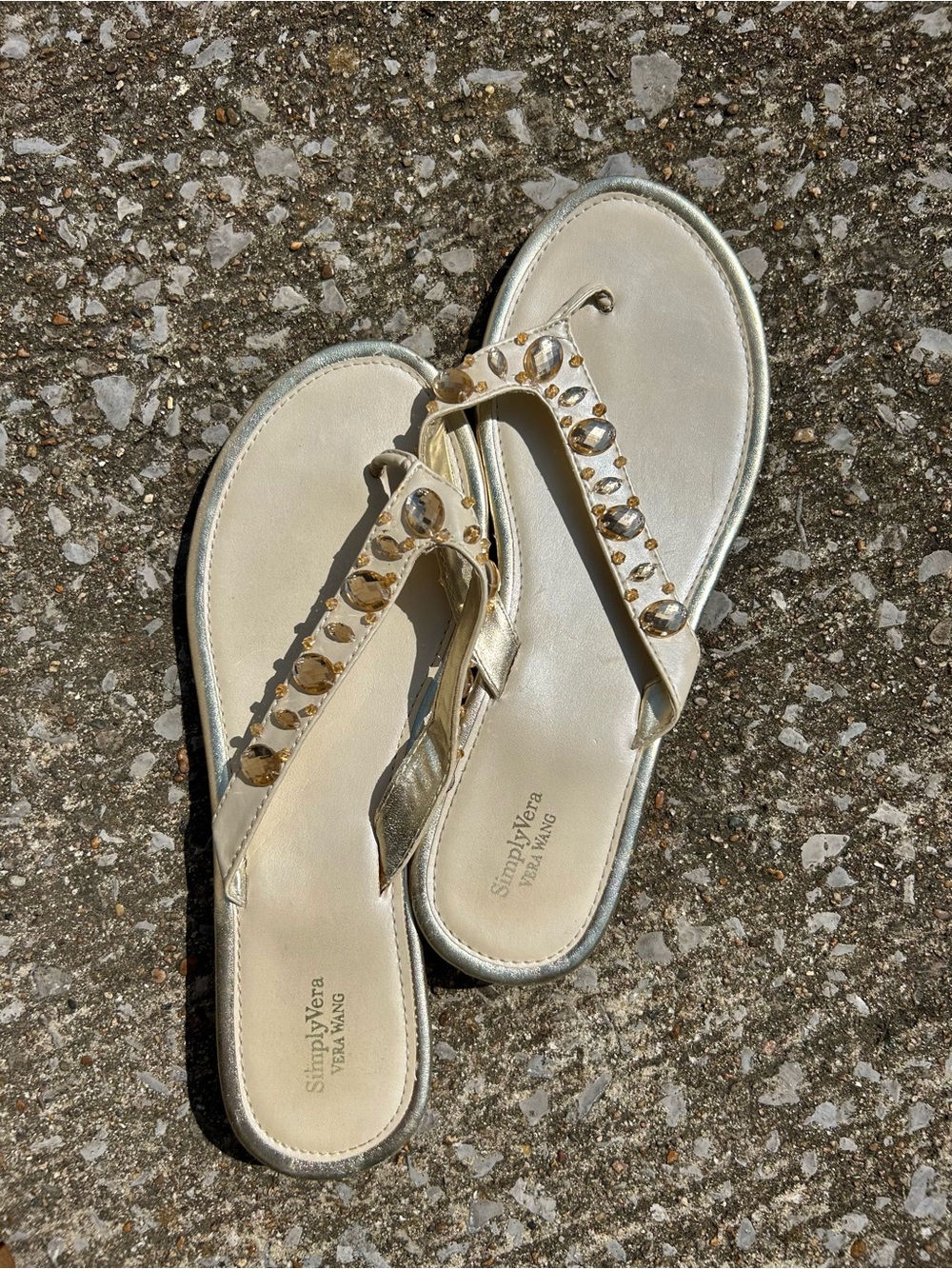 Vera Wang Metallic Gold Jeweled Thong Sandals